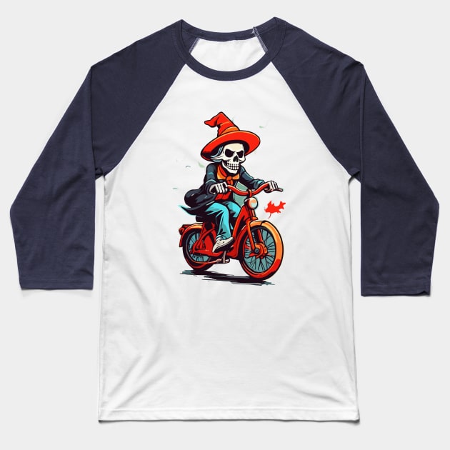 Witch skeleton riding bike Baseball T-Shirt by Maria Murtaza